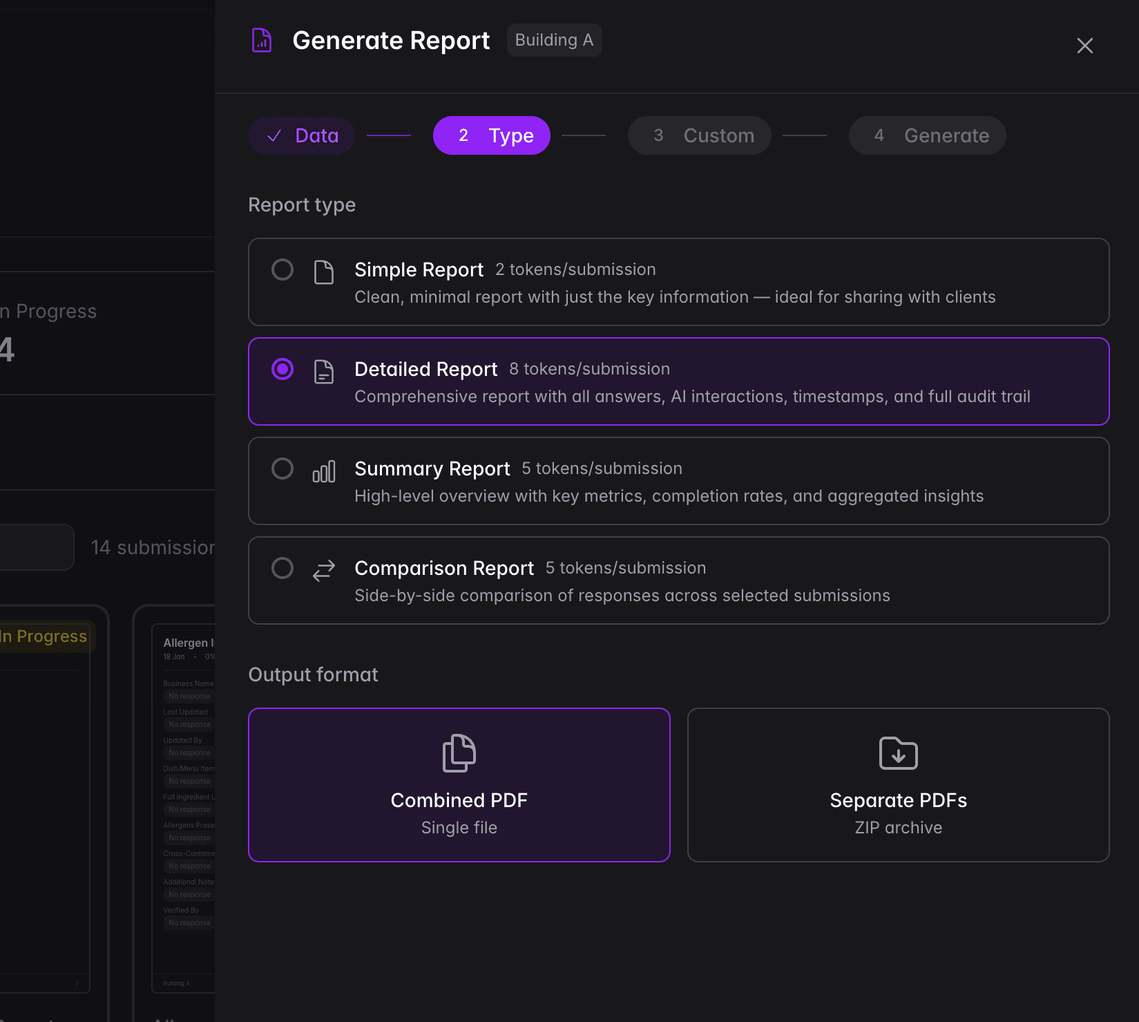 TalkReport report builder interface showing customisable PDF layouts