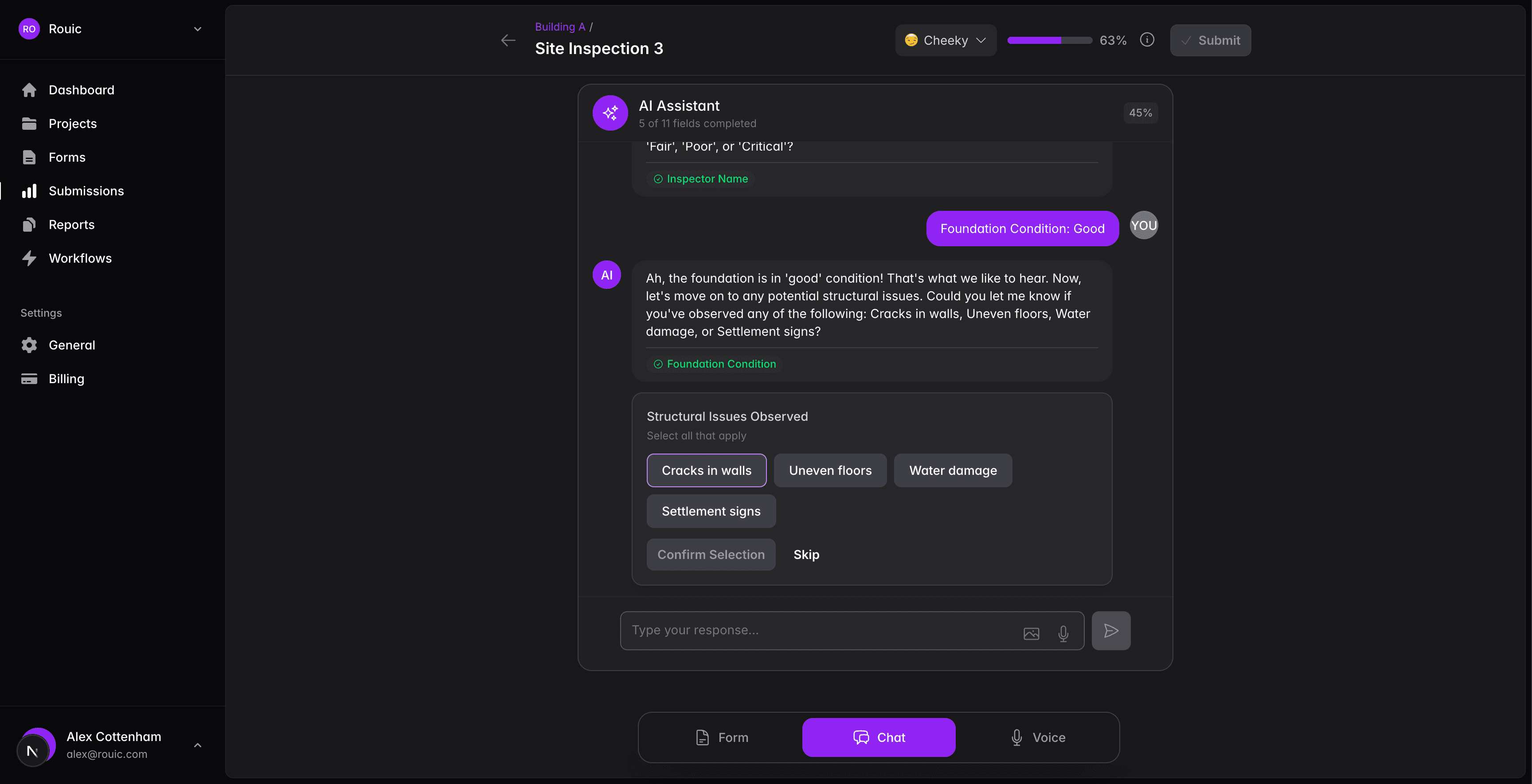 TalkReport dashboard showing the form builder and submission interface