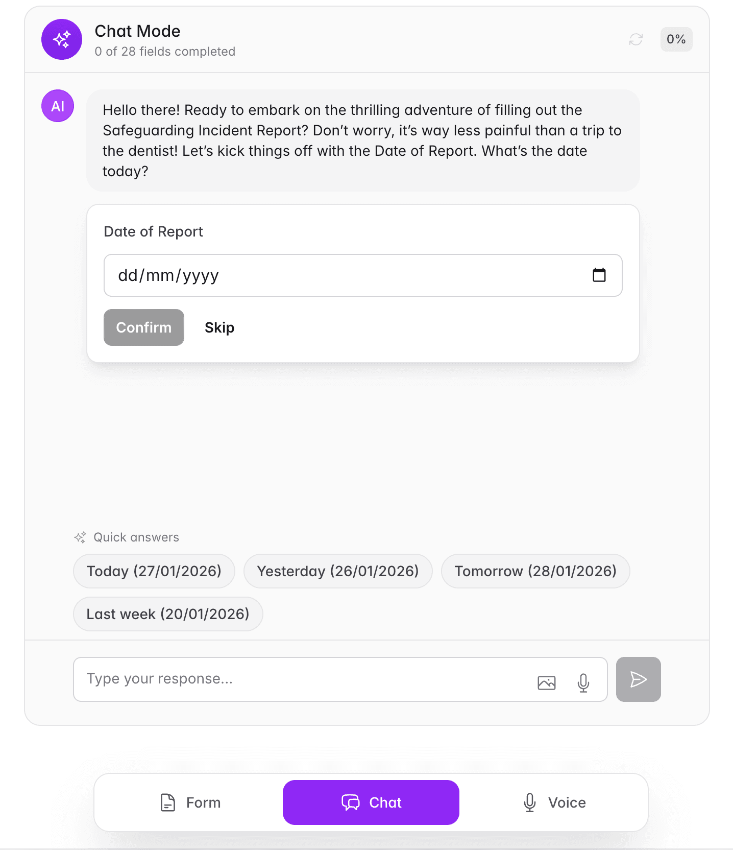 Chat mode interface with AI assistant guiding form completion