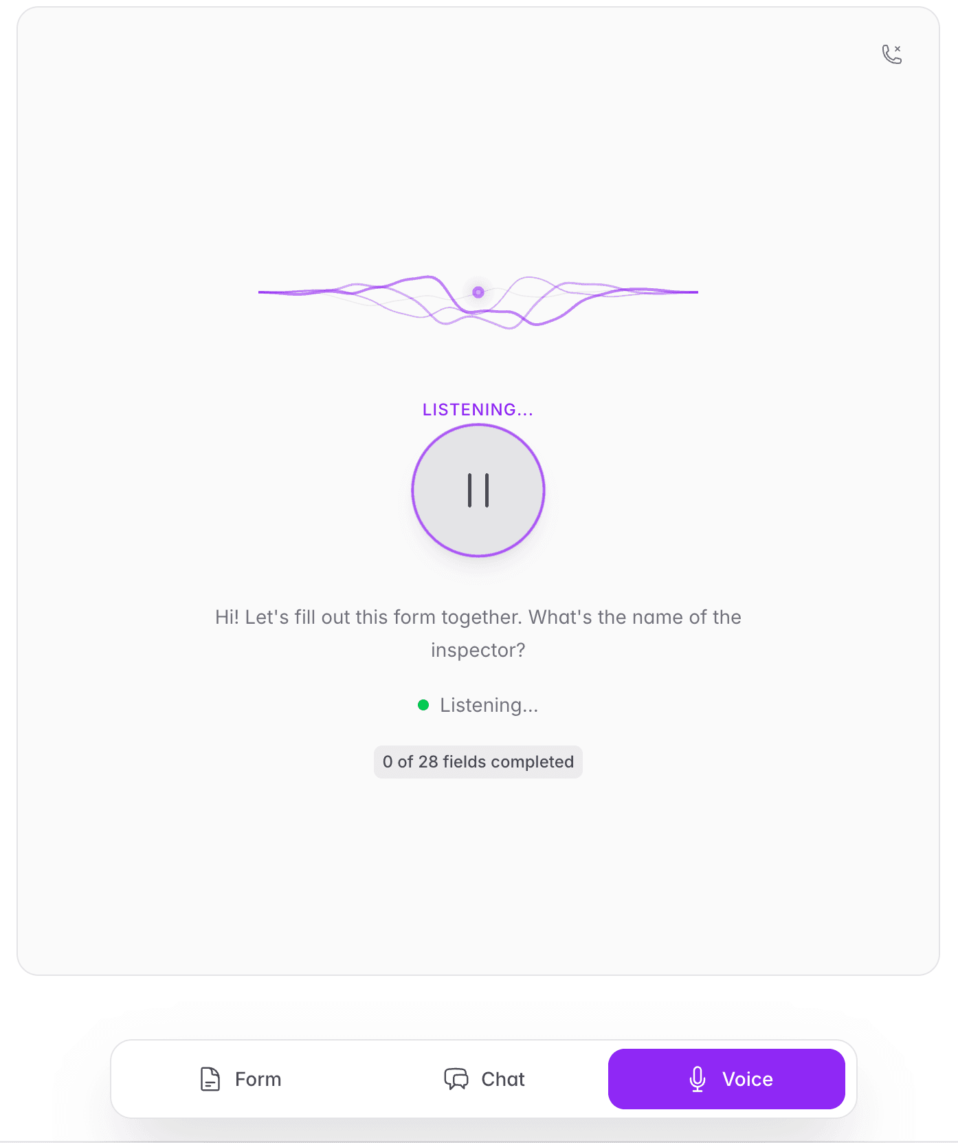 Voice mode interface showing hands-free form completion